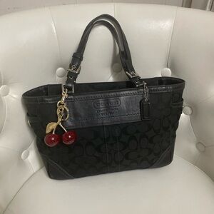 Coach Black Leather Tote with Cherry Charm
